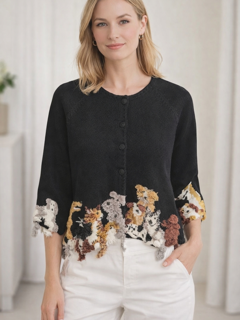 Michael Simon Ramie Blend Animal Novelty Cardigan Black Embroidered 90s Vintage